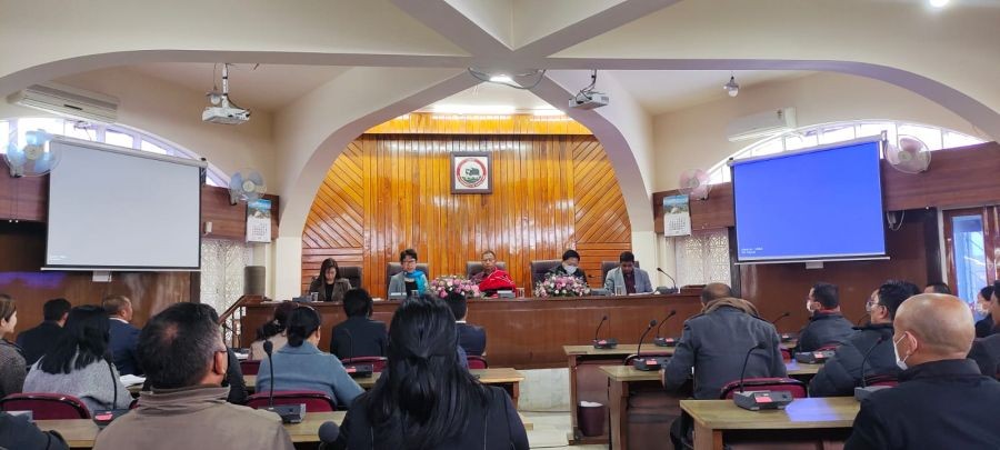 Dr Kekhrie Yhome during the familiarisation meeting with officials in the Secretariat Conference Hall, Kohima on March 22.